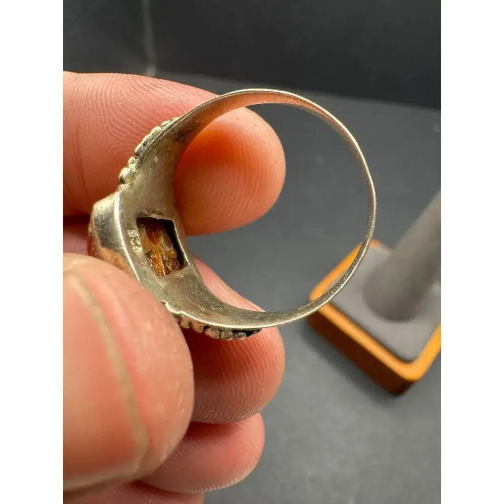 Vintage Sterling Silver 925 Statement Ring Fire Opal Textured Band Size 10
